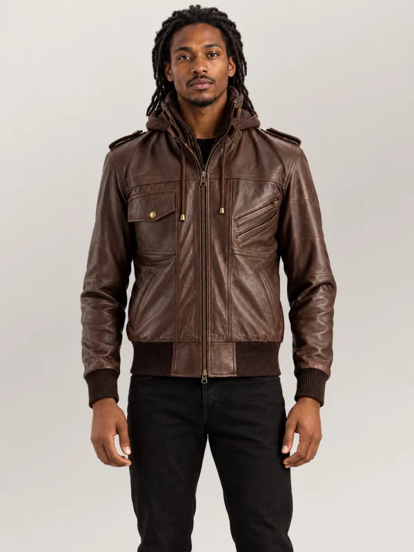 Men's Ischia Brown Hooded Leather Bomber Jacket
