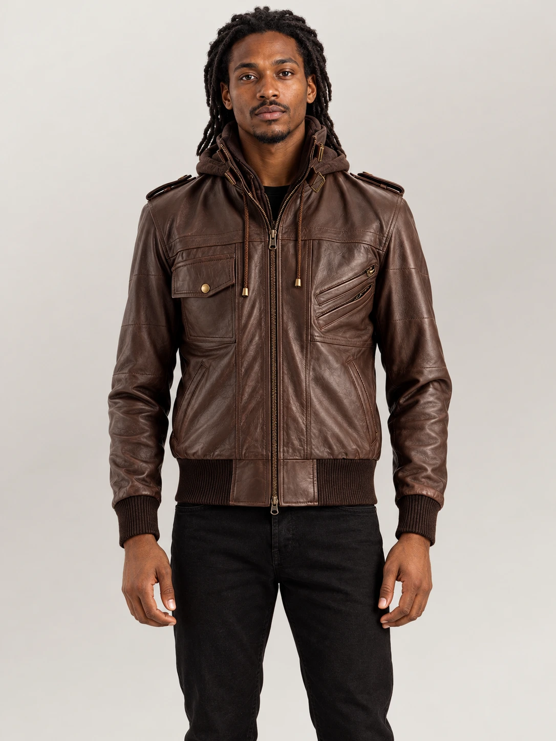 Men's Ischia Brown Hooded Leather Bomber Jacket