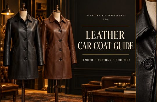Leather car coat guide showing black and brown four-button coats on dress forms, with a close-up of a leather collar and button.