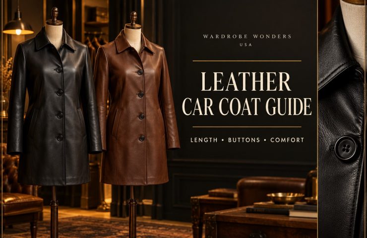 Leather car coat guide showing black and brown four-button coats on dress forms, with a close-up of a leather collar and button.