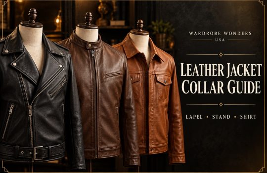 Leather jacket collar guide showing lapel, stand and shirt collar styles on black, brown and cognac jackets.