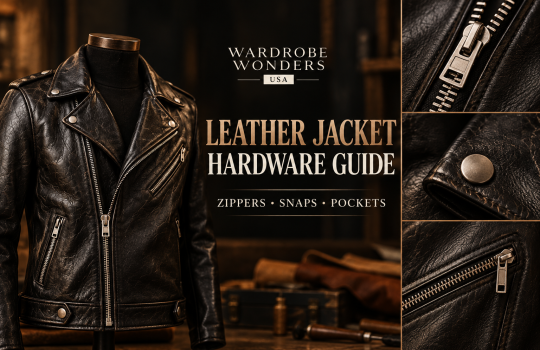 Leather jacket hardware guide cover showing a black biker jacket with close-ups of a zipper, snap button and zippered pocket