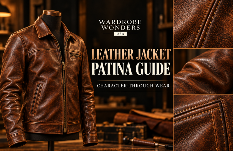 Leather jacket patina guide cover with a cognac brown jacket and close-up views of grain, sheen and sleeve creases