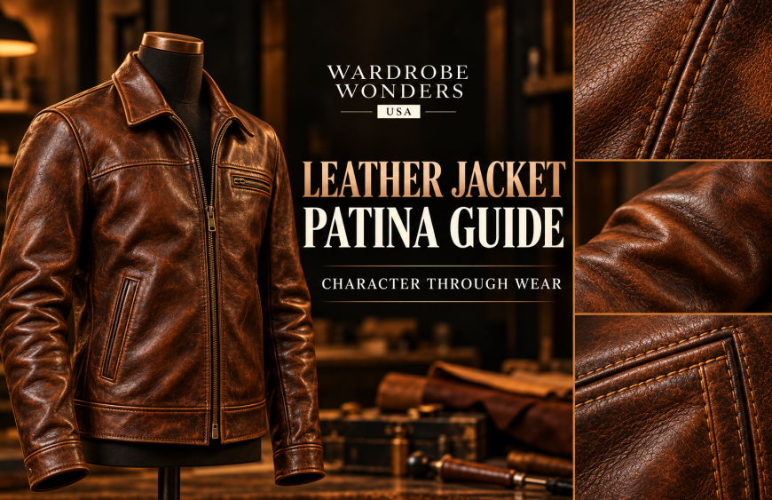 Leather jacket patina guide cover with a cognac brown jacket and close-up views of grain, sheen and sleeve creases
