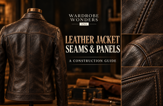 Leather jacket seams and panels guide cover with a brown jacket back and close-ups of topstitching, a shoulder seam and a pocket edge