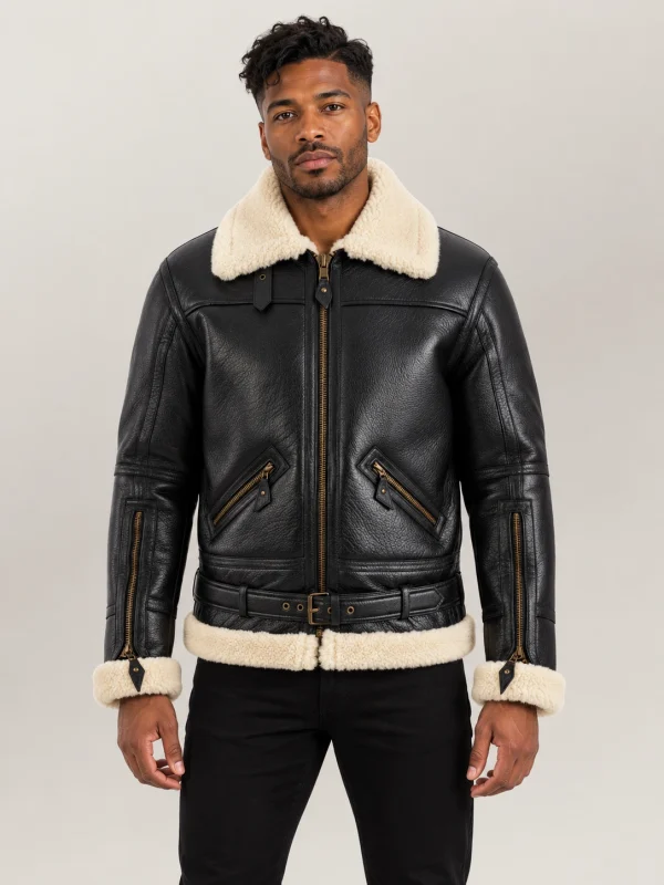 Men's Dolomiti RAF Black & White Real Shearling Bomber Jacket