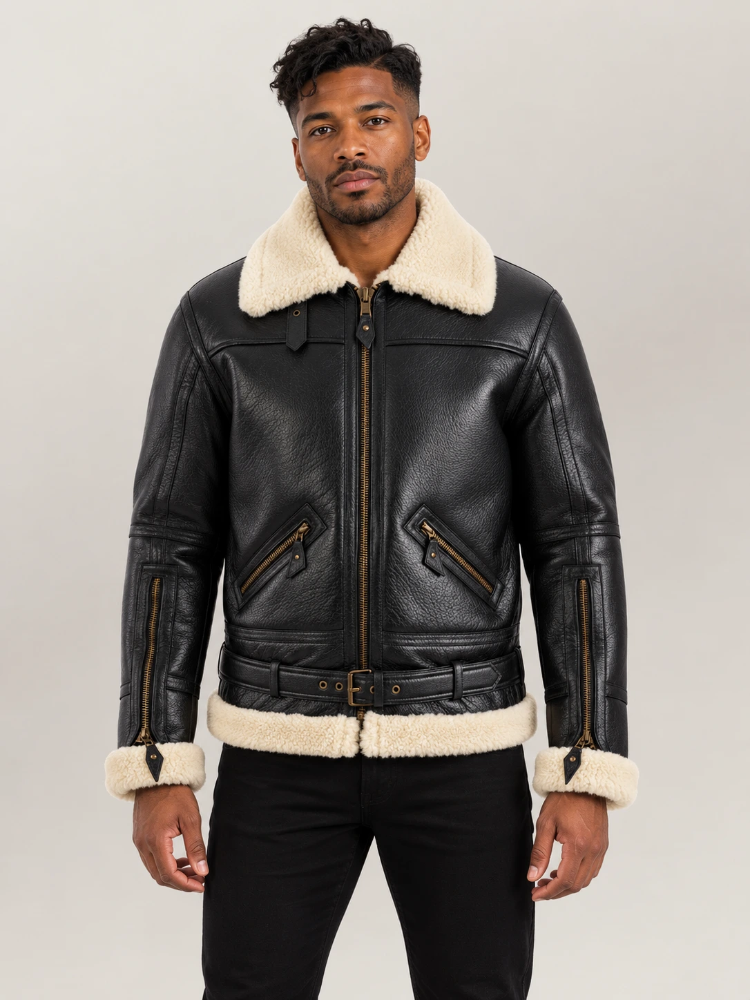 Men's Dolomiti RAF Black & White Real Shearling Bomber Jacket