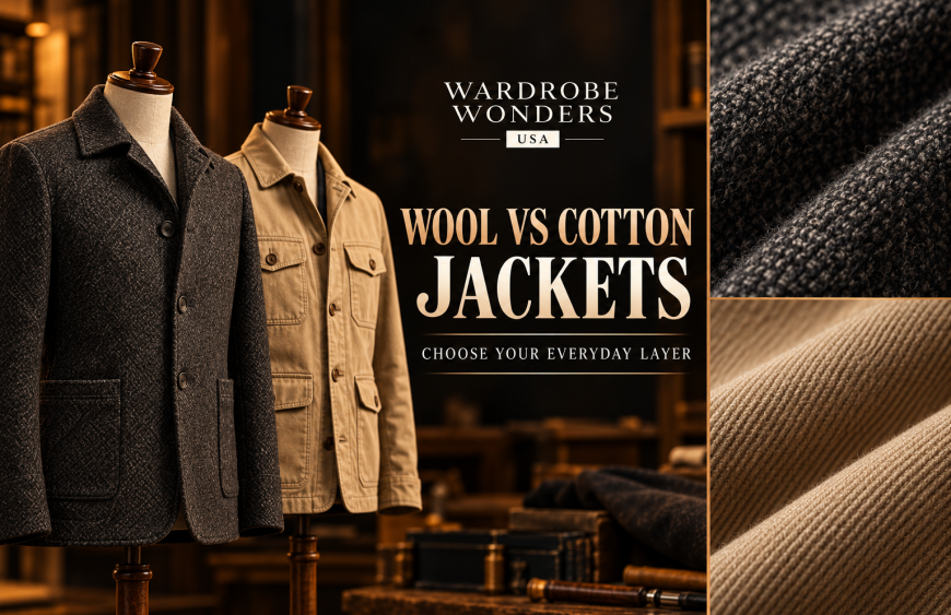 Wool vs cotton jackets cover showing charcoal wool and beige cotton jackets with close-up fabric textures